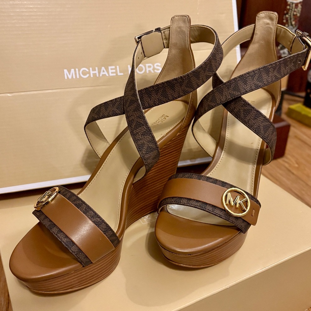 Michael Kors Tan and Brown Wedge Sandals